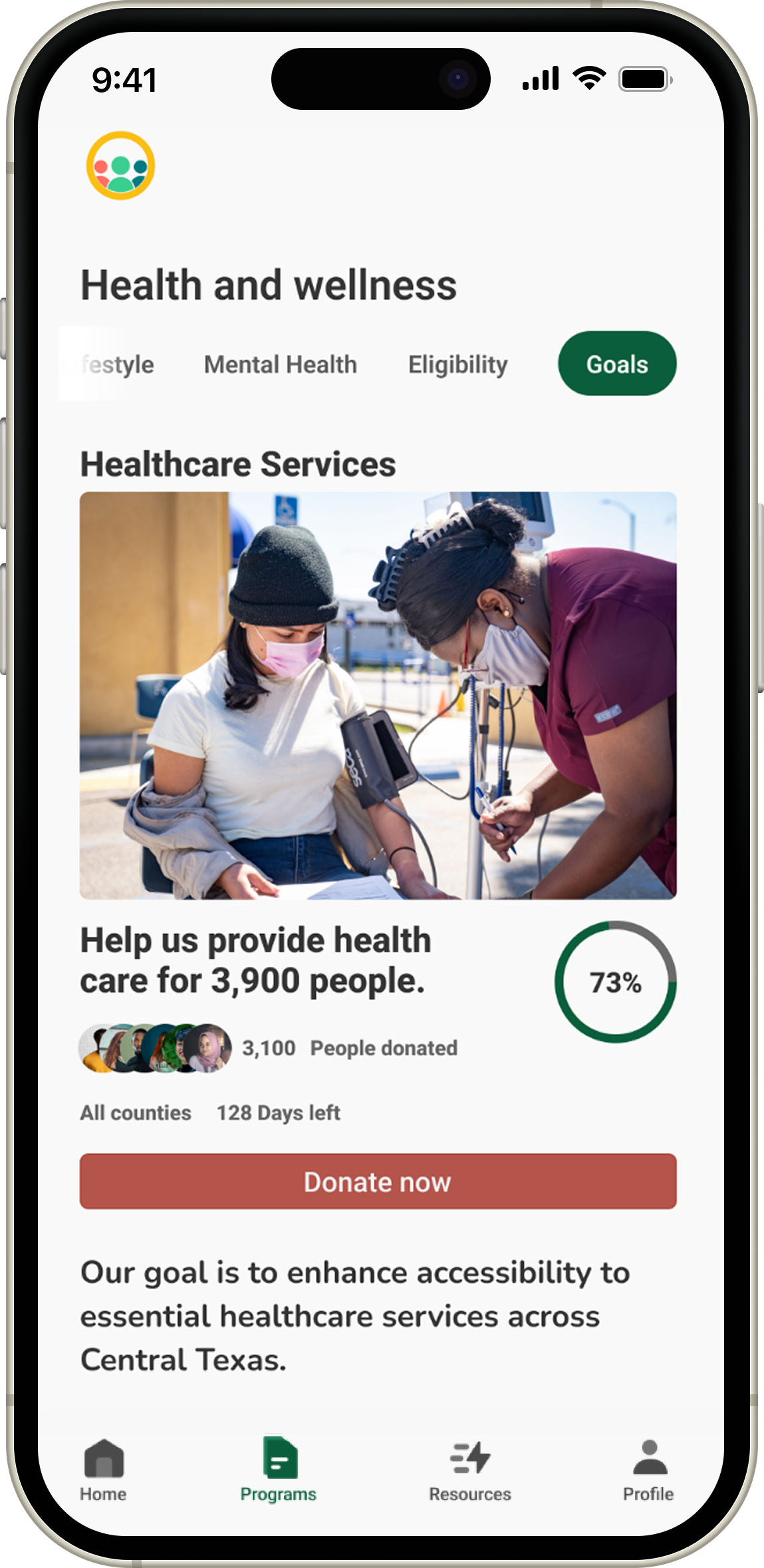 Healthcare Access campaign screen showing a specific Health and Wellness initiative with progress and donation call to action.